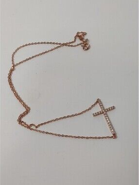 925 Rose Gold Tone CZ Sideways Cross Necklace 16" Adjustable